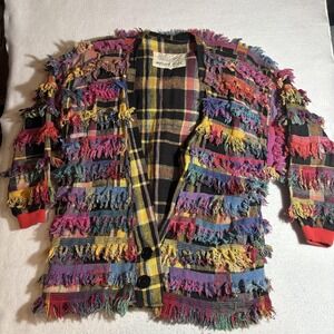 Vintage Paula Sweet Jacket Womens Small Plaid Muslin Mink Fringe USA 80s